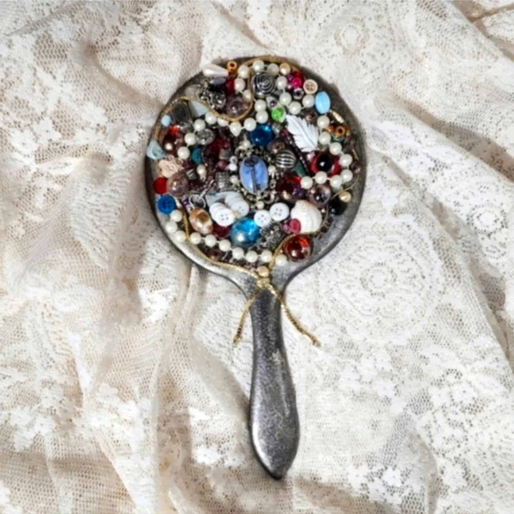 UpcycledMirror Antique One of a Kind Jewelry And Beads Button Detail Red